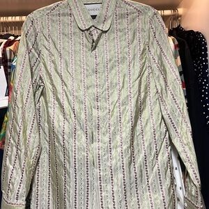 Gucci Men's Dress Shirt - 100% Silk - Cream and Red Stripes with Floral Details